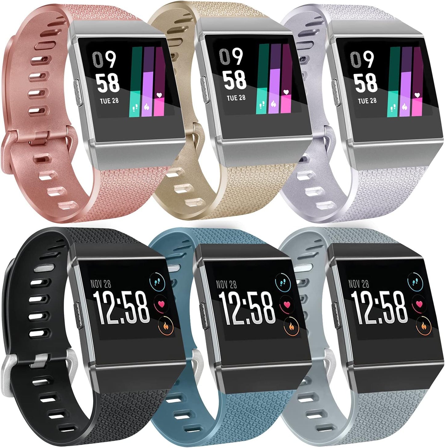 6 Pack Sport Bands Compatible with Fitbit Ionic Bands for Women Men, Replacement Soft Silicone Wristbands Rose Gold, Silver, Gold, Black, Gray, Slate, Small  Tobfit   