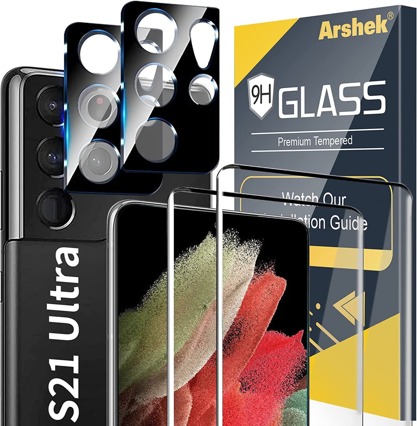 [2+2 Pack] Galaxy S21 Ultra Screen Protector, 9H Tempered Glass Include Two Camera Lens Protector,Ultrasonic Fingerprint Compatible,3D Curved, HD Clear for Samsung S21 Ultra 5G Glass Screen Protector  Arshek   