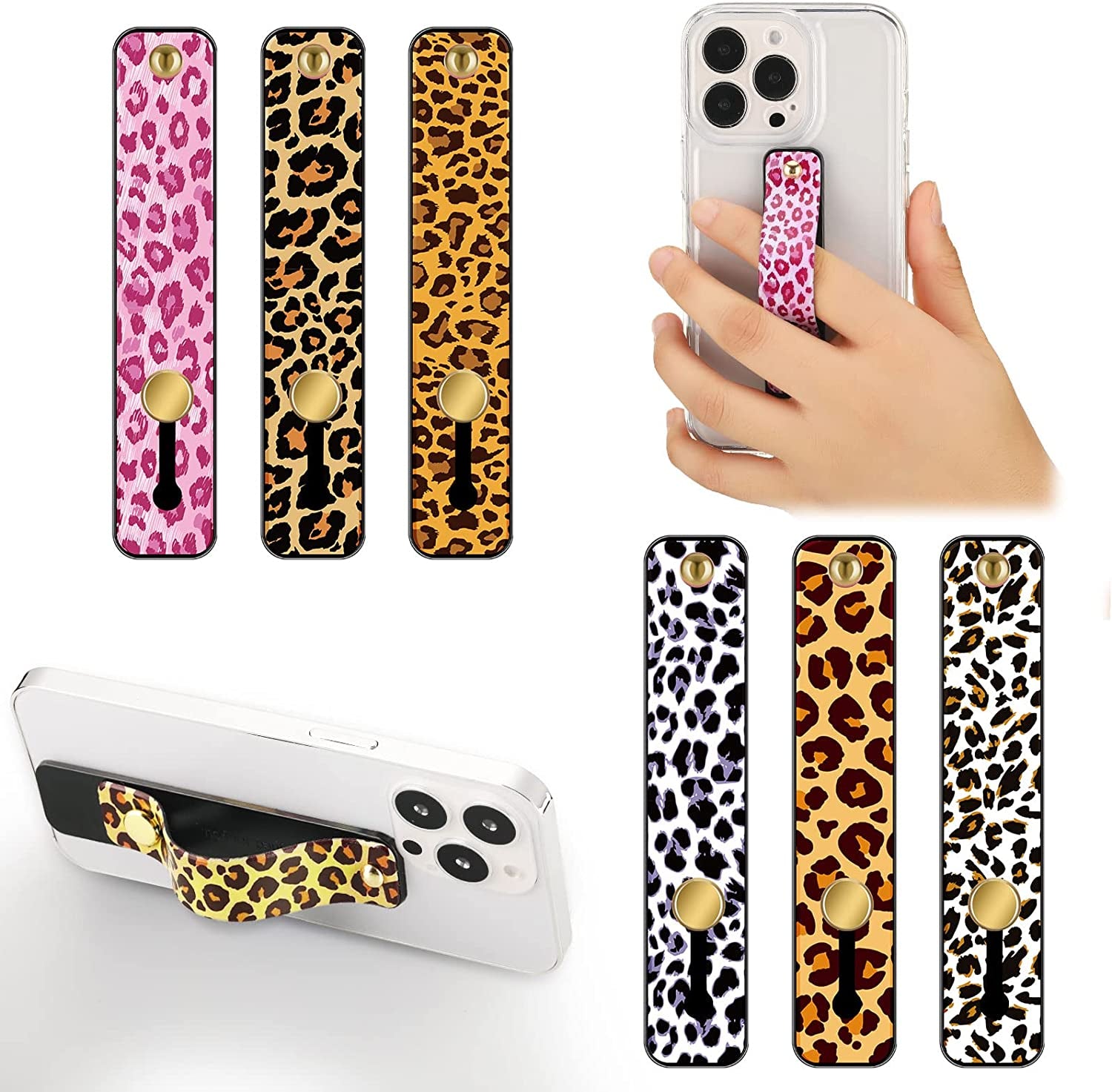 Weewooday 6 Pieces Phone Strap Grip Holder Finger Cell Phone Grip Telescopic Phone Finger Strap Stand Universal Finger Kickstand for Most Smartphones (Tie Dye Colors)  Weewooday Leopard Print  