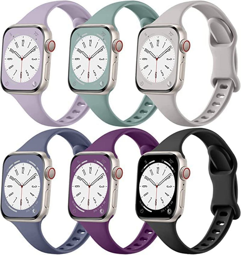 Lerobo 6 Pack Slim Bands Compatible with Apple Watch Band 40Mm 38Mm 44Mm 42Mm 41Mm 45Mm for Women Men, Soft Silicone Waterproof Sport Strap Replacement Wristbands for Iwatch Series 7 6 5 4 3 2 1 SE  Hina-US Black/ Lavender/ Pine Green/ Blue Gray/ Dark Purple/ Light Gray 38mm/40mm/41mm 