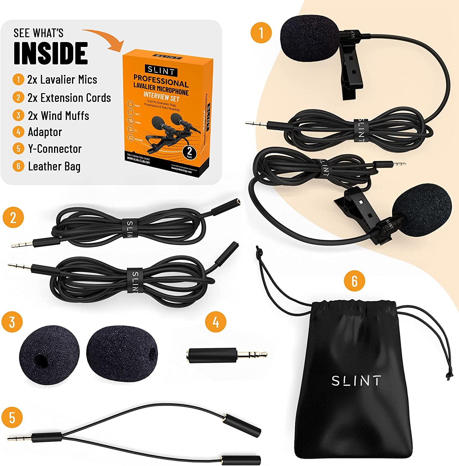 SLINT Lapel Microphone 2 Pack- Clip-On Microphones with Omnidirectional Condenser - Lavalier Lapel Mic Compatible with Android, Gopro, DSLR - Lav Mic for Youtube Recording  SLINT   