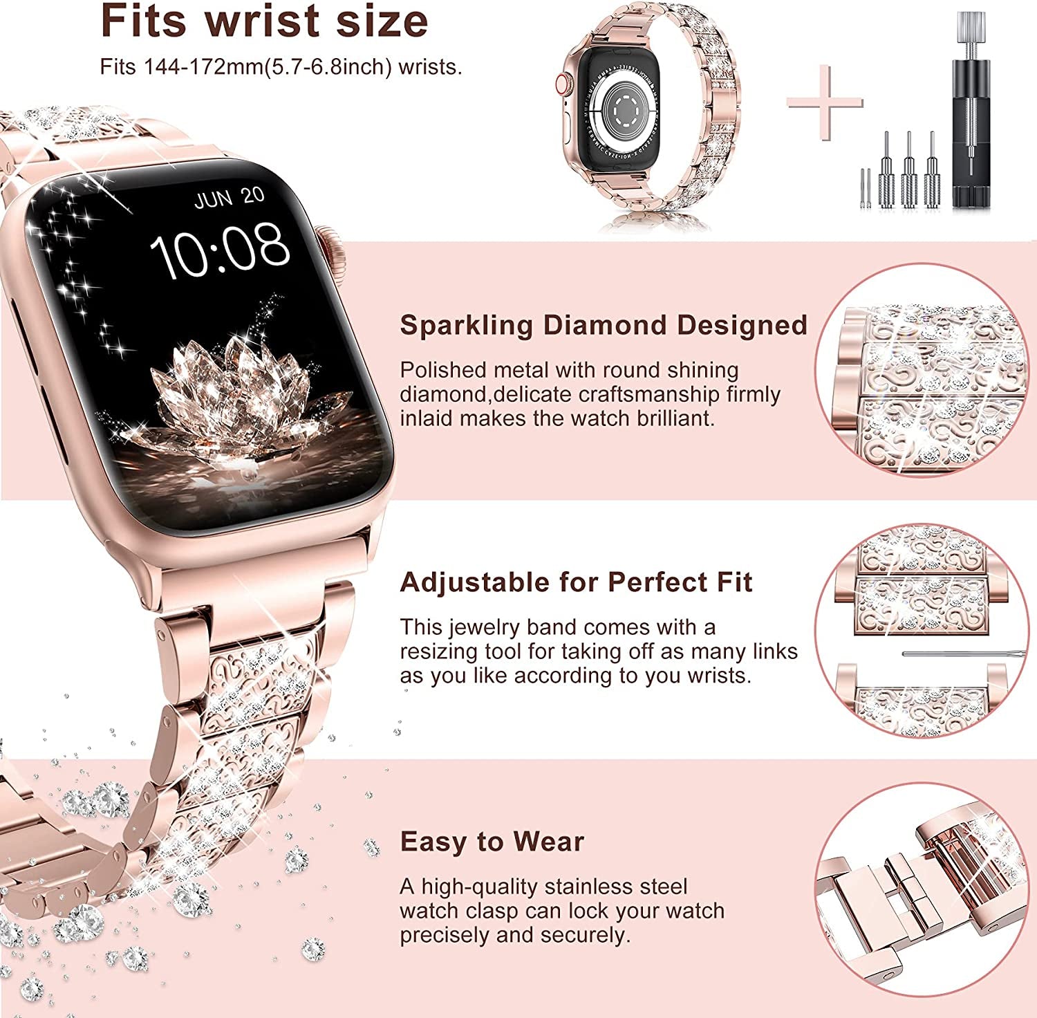 LELONG for Apple Watch Band 38Mm 40Mm 41Mm Series 8 7 6 5 4 3 2 1 SE Ultra for Women, Bling Replacement Bracelet Iwatch Band, Sparkle Diamond Rhinestone Stainless Steel Metal Wristband Strap  LELONG   