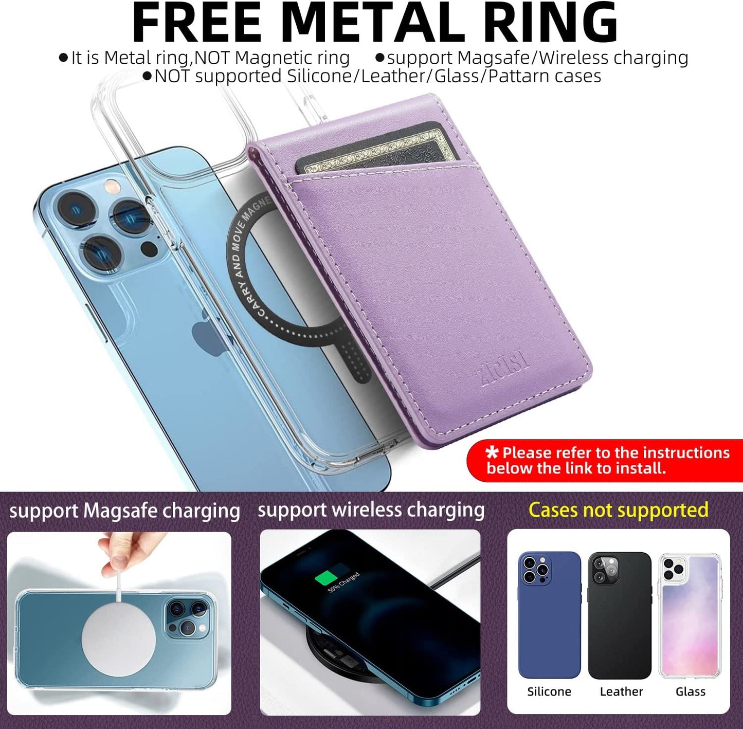 ZICISI Genuine Leather Detachable Magnetic Wallet Compatible with Magsafe Wallets Stand with 5 Card Slots & RFID Blocking&Metal Ring,For Iphone 14/13/12 Pro Max,Samsung and Android Phone Case,Purple  ZICISI   