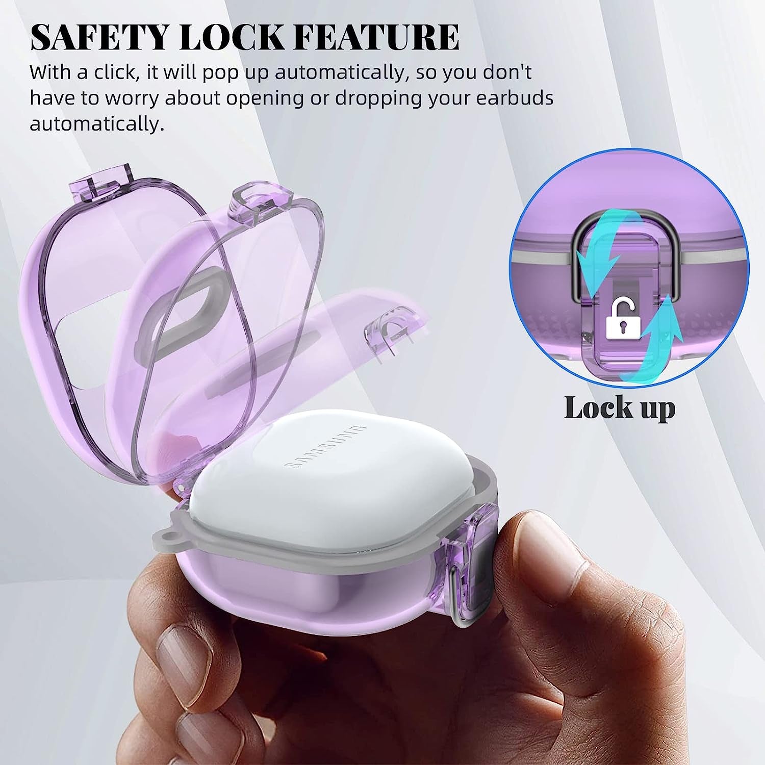 WOFRO [Secure Lock] Clear Case for Samsung Galaxy Buds 2 Pro/Galaxy Buds 2/Galaxy Buds Pro/Galaxy Buds Live Earbuds, Shock-Absorbing Protective Cover Skin Hard with Carabiner & Lanyard(Clear Purple)  WOFRO   