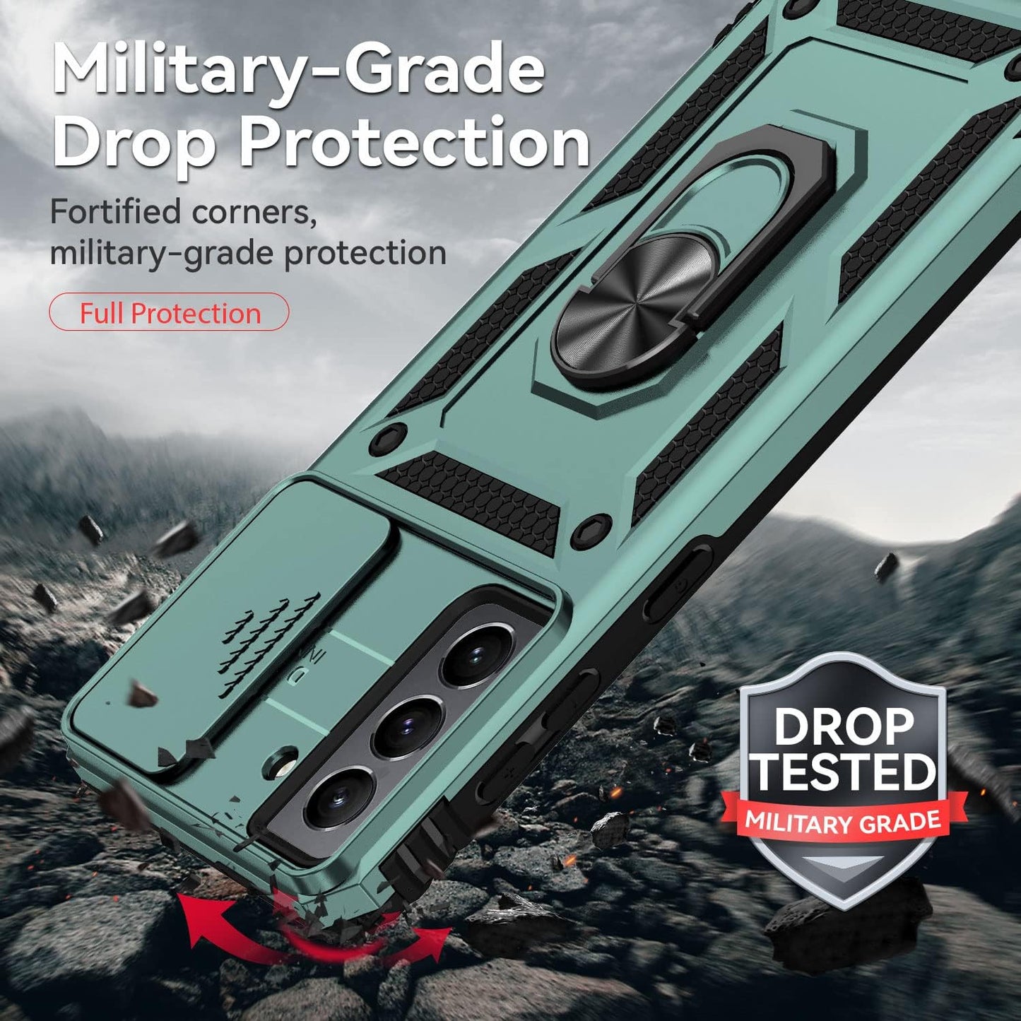 For Samsung Galaxy S21 FE 5G Case with Camera Lens Cover HD Screen Protector, Military-Grade Drop Tested Magnetic Ring Holder Kickstand Protective Phone Case for Samsung Galaxy S21 FE 5G (Dark Green)  JINZHI Inc   