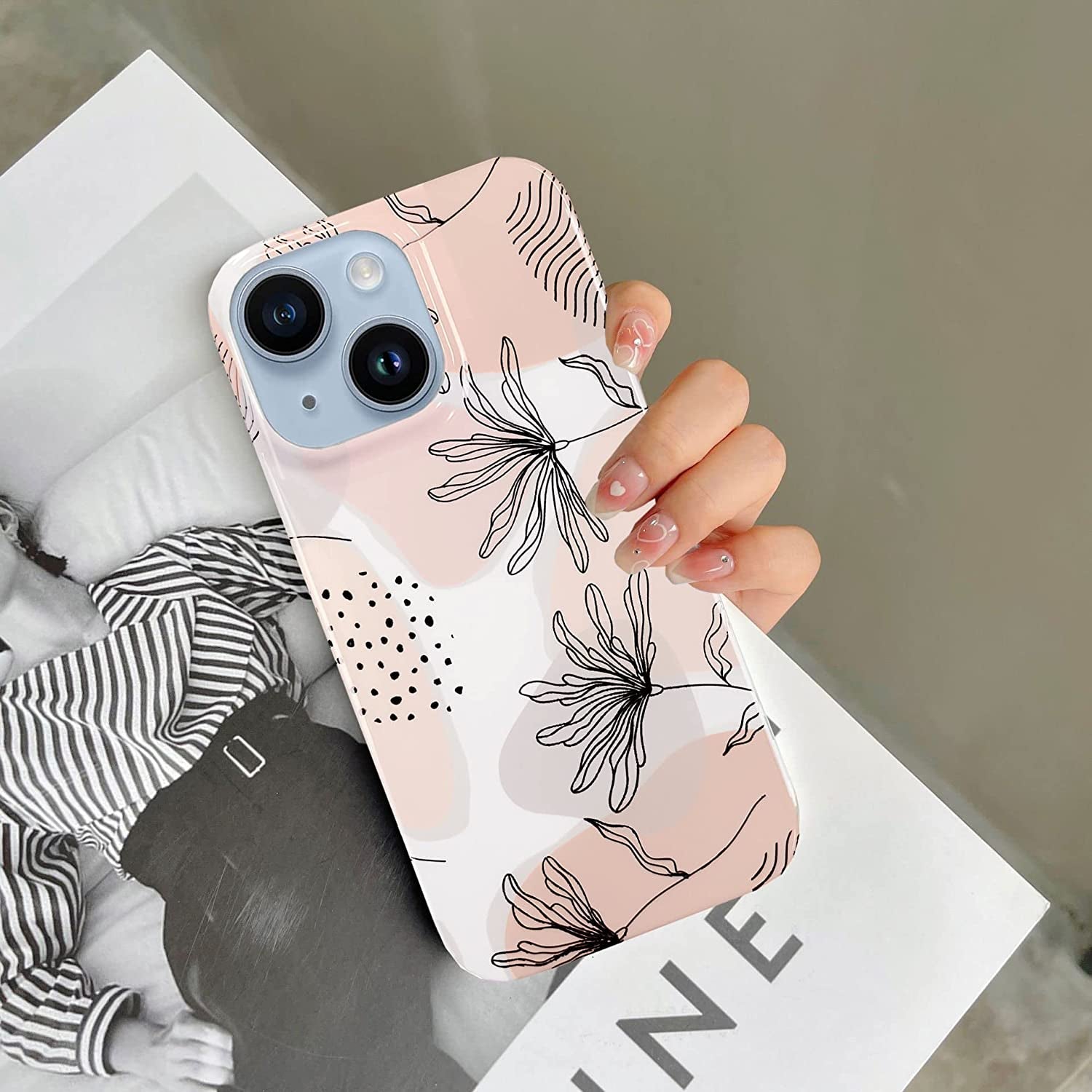 J.West Design for Iphone 14 Case 6.1,Aesthetic Minimalist Boho Modern Abstract Prints Slim Geometric Line Plant Floral Pattern Pink Soft TPU Shockproof Cover Protective Phone Case for Women Leaves  J.west   