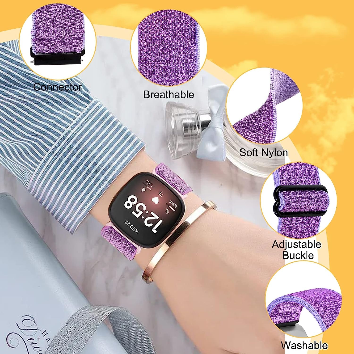 5 Pack Elastic Nylon Bands Compatible with Fitbit Versa/Versa 2 / Versa Lite/Versa SE for Women Men, Adjustable Breathable Fabric Sport Elastic Wristband for Fitbit Versa Smart Watch  GLMDKAI   