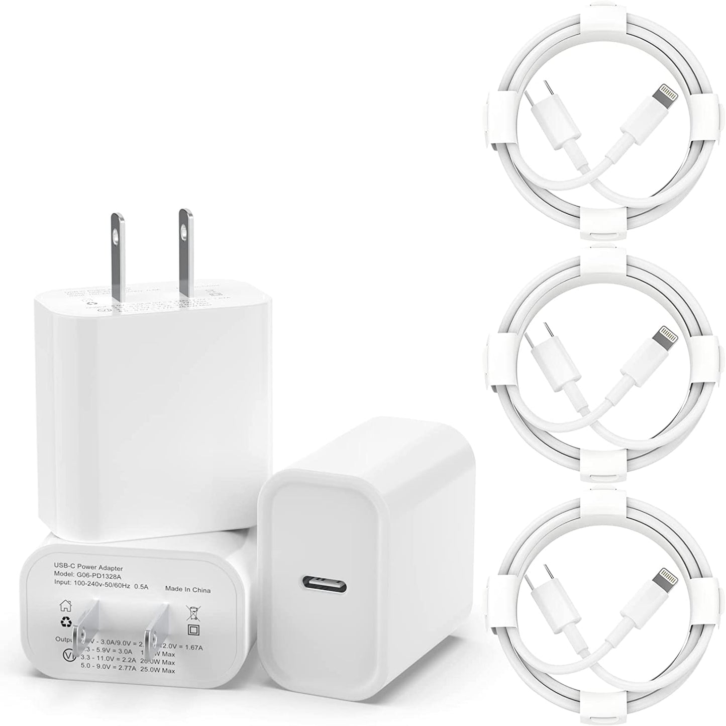 3 Pack Iphone Fast Charger [Apple Mfi Certified], 20W PD USB C Wall Charger Adapter with 3 Pack 6FT Type C to Lightning Cable Compatible with Iphone 14/13/13 Pro/12/12 Mini/Pro/Pro Max and More-White  SYDGPZ   