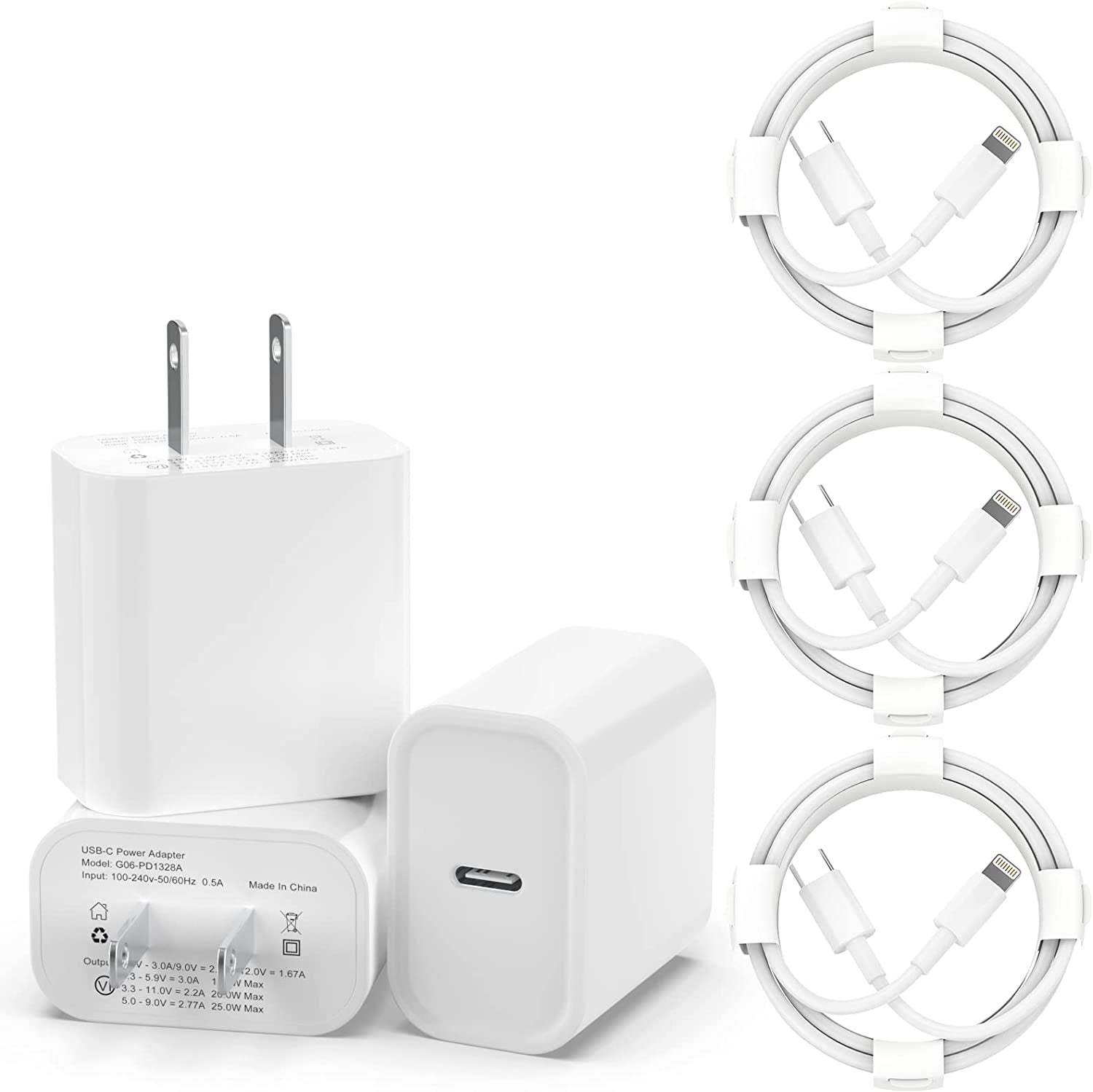 3 Pack Iphone Fast Charger [Apple Mfi Certified], 20W PD USB C Wall Charger Adapter with 3 Pack 6FT Type C to Lightning Cable Compatible with Iphone 14/13/13 Pro/12/12 Mini/Pro/Pro Max and More-White  SYDGPZ   