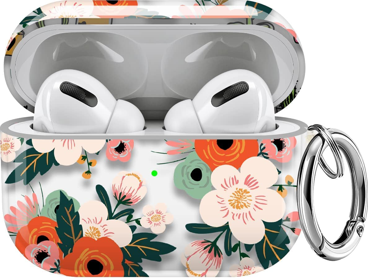 Maxjoy for Airpods Pro Case Cover, Clear Flower Pro Case for Women Men Cute Soft Protective Floral Ipod Pro Case with Keychain Clip for Airpods Pro Charging Case 2019, Transparent  Maxjoy Red + Pink  