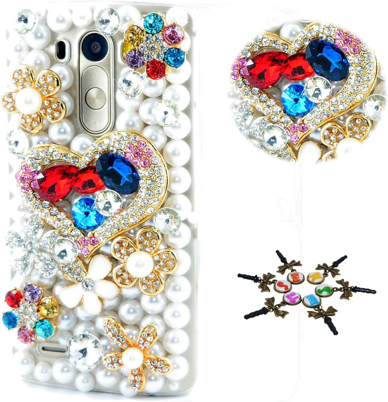 STENES LG G7 Case, LG G7 Thinq Case - STYLISH - 100+ Bling Crystal - 3D Handmade Bling Punk Big Skull Design Protective Cover Case for LG G7 Thinq - Black  STENES Rainbow Heart Flowers / White  