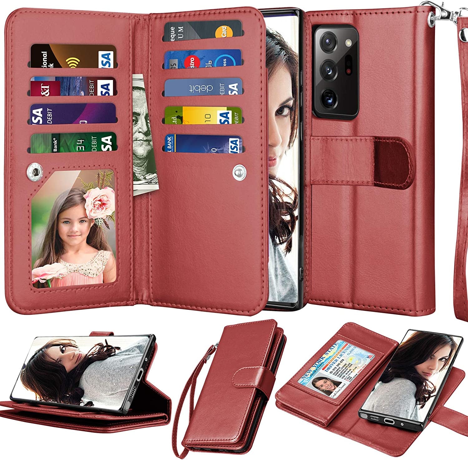 Njjex Galaxy Note 20 5G Wallet Case - Wine Red, 9 Card Slots, PU Leather, Detachable Kickstand, Magnetic Cover & Lanyard  NJJEX   