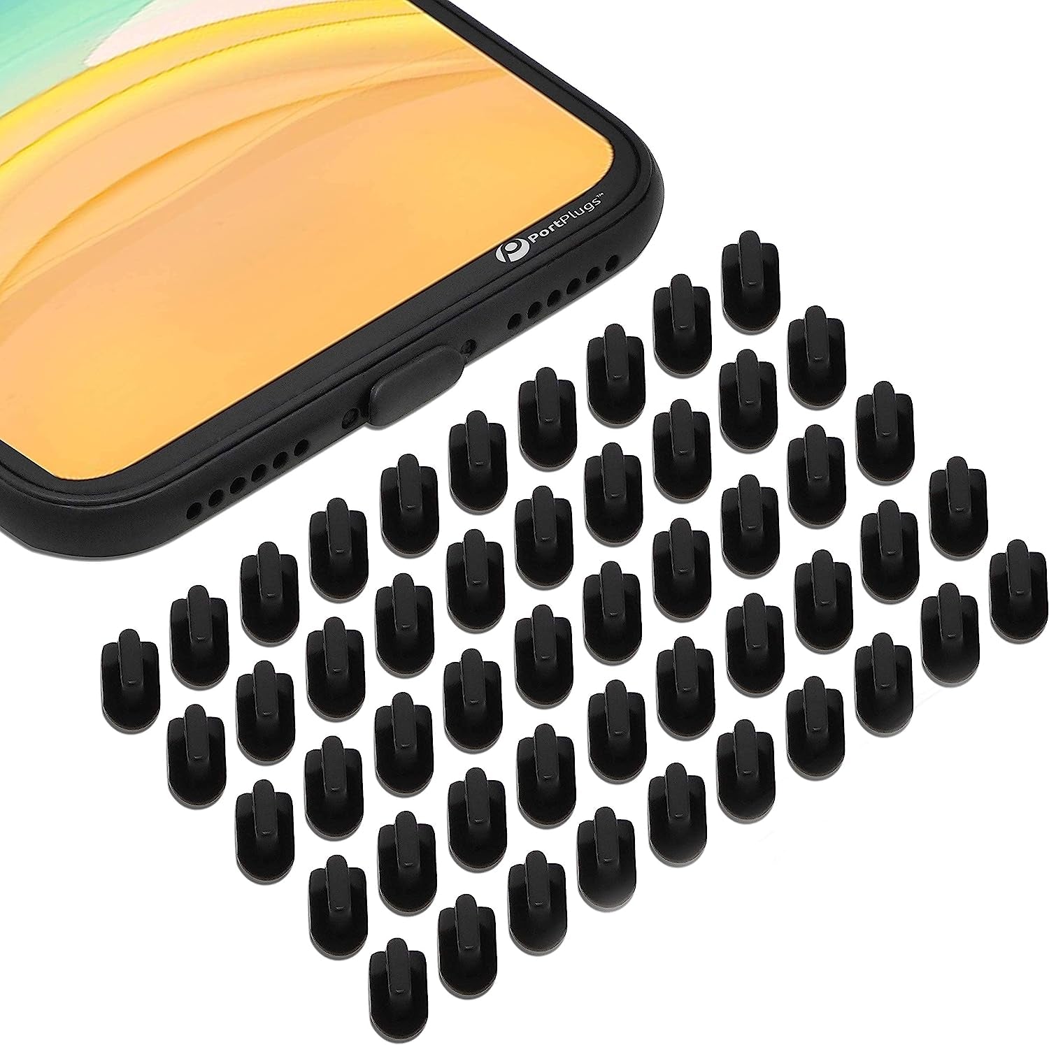 Portplugs 10 anti Dust Plugs, Compatible with Iphone 11, X, XS, XR, 8, 7, 6 Plus, Max, Pro, Airpods, Protection from Dirt, Sand, Lint, and Debris with Port Cleaning Brush (Black)  PortPlugs Black, 50 pack  