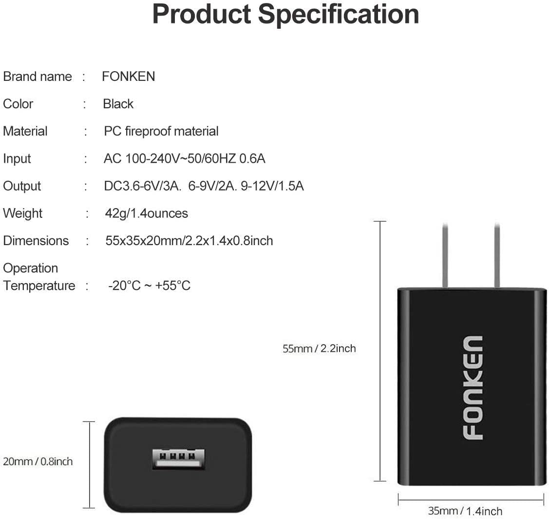 [3-Pack] Quick Charge 3.0, FONKEN 18W 3A USB Wall Charger QC 2.0/3.0 Adapter Fast Charger Block Compatible for Wireless Charger, Iphone Ipad, Samsung S10/S9/S8/Note 9/8, LG G5, HTC 10 (Black)  FONKEN   