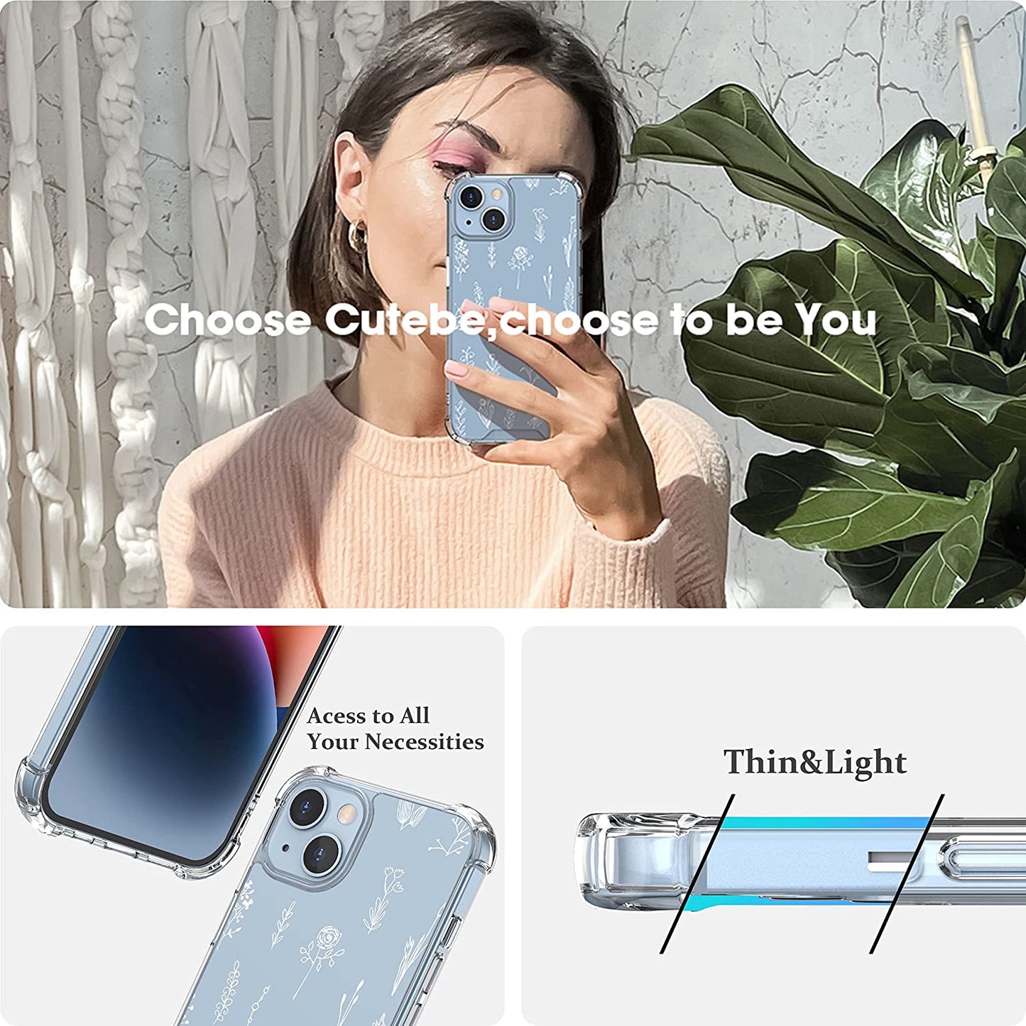 Cutebe [3 in 1 Crystal Phone Case for Iphone 13(2021)/Iphone 14(2022) 6.1", Cute Protective Cover with 9H Temper Glass Screen Protector + HD Temper Camera Lens Protector for Women, Girls  Cutebe   