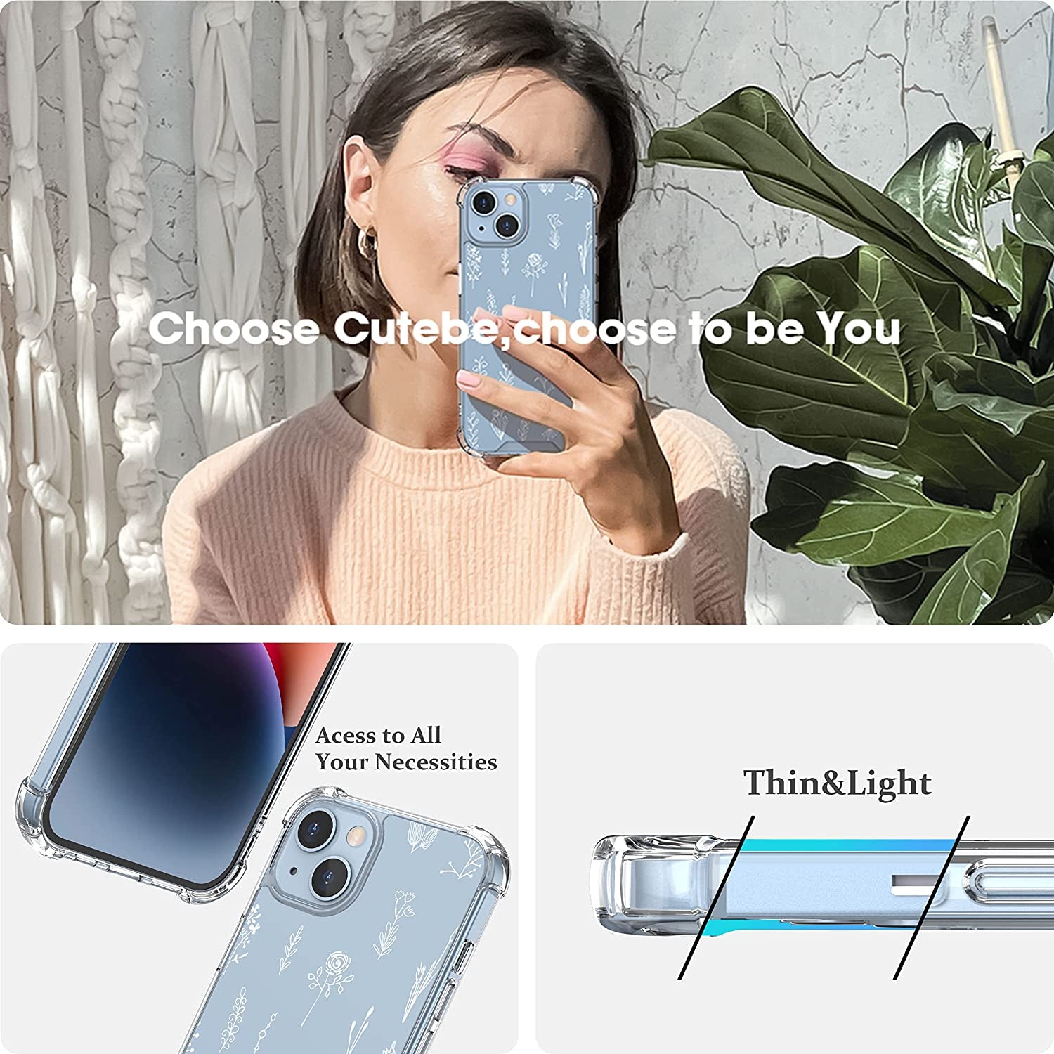 Cutebe [3 in 1 Crystal Phone Case for Iphone 13(2021)/Iphone 14(2022) 6.1", Cute Protective Cover with 9H Temper Glass Screen Protector + HD Temper Camera Lens Protector for Women, Girls  Cutebe   