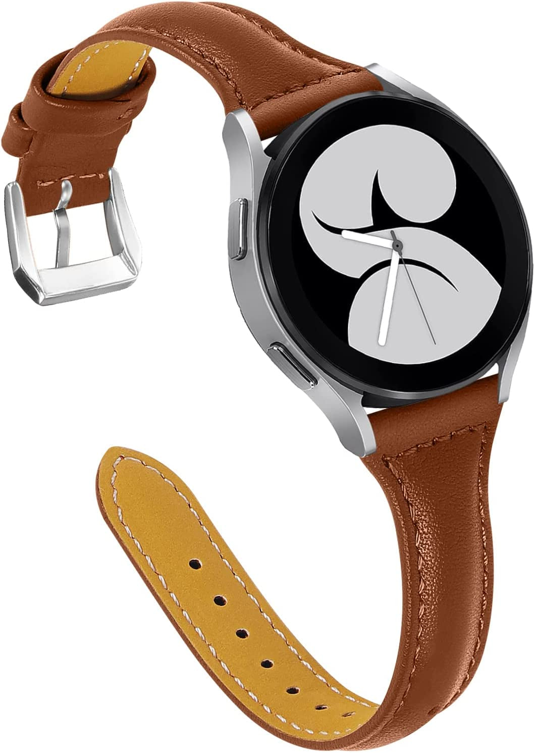 JOYOZY Leather Band Compatible with Samsung Galaxy Watch 5/4 40Mm 44Mm,Active(40Mm)/2(40Mm)(44Mm),Stylish Slim Wristband Strap for Galaxy Watch 42Mm/Samsung Galaxy Watch 4 Classic/Watch 5 Pro 45Mm  Joyozy Brown/Silver  