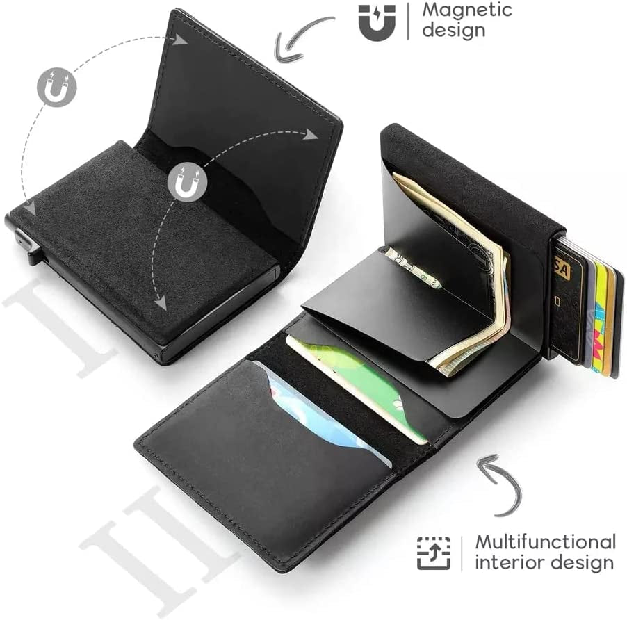 JAT Leather Airtag Men Wallet Genuine Crazy Horse Leather Automatic Pop up Wallet with Airtag Front Pocket (Carbon Fiber)  JAT   