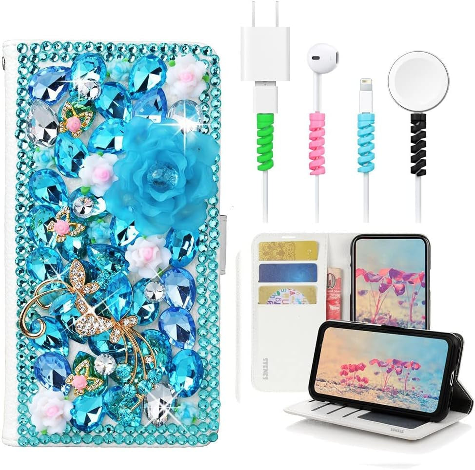 STENES Bling Wallet Case Compatible with LG V40 Thinq - Stylish - 3D Handmade Gemstone Octopus Crown Leather Cover with Cable Protector [4 Pack] - Light Blue  STENES   