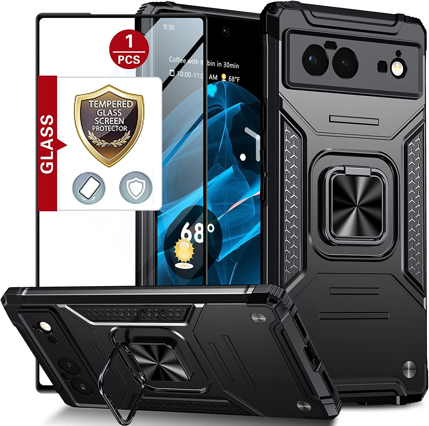 ANTSHARE for Google Pixel 6 Case with Screen Protector, Military Grade Dual Layer Shockproof Heavy Duty Protective Phone Case with Magnetic Kickstand Car Mount Holder for Pixel 6 5G 2021 6.4’’(Black)  ANTSHARE   