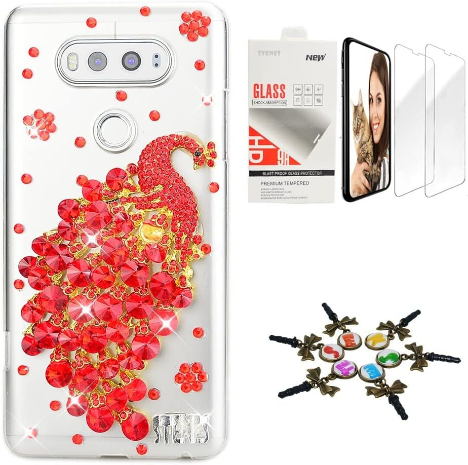 STENES Bling Case Compatible with LG V40 Thinq - Stylish - 3D Handmade [Sparkle Series] Pineapple Love Design Cover with Screen Protector [2 Pack] - Yellow  STENES Luxury Peacock / Red Design For Lg K51 