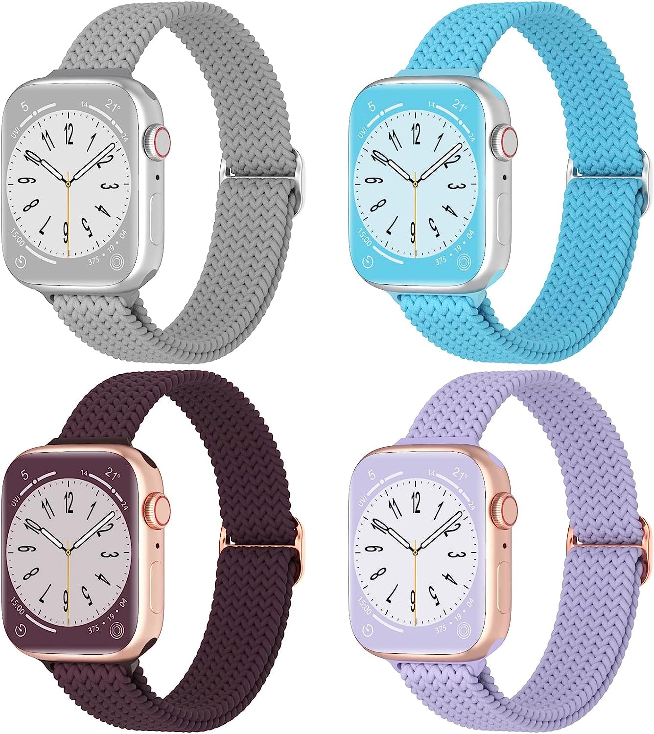 DYKEISS 4 Pack Slim Braided Solo Loop Bands Compatible for Apple Watch Band 38Mm 42Mm 40Mm 44Mm 41Mm 45Mm 49Mm, Stretch Nylon Elastic Thin Strap for Iwatch Ultra Series 8/7/SE/6/5/4/3/2/1 Women & Men  DYKEISS Grey/Sky Blue/Dark Cherry/Lilac 42/44/45/49mm 