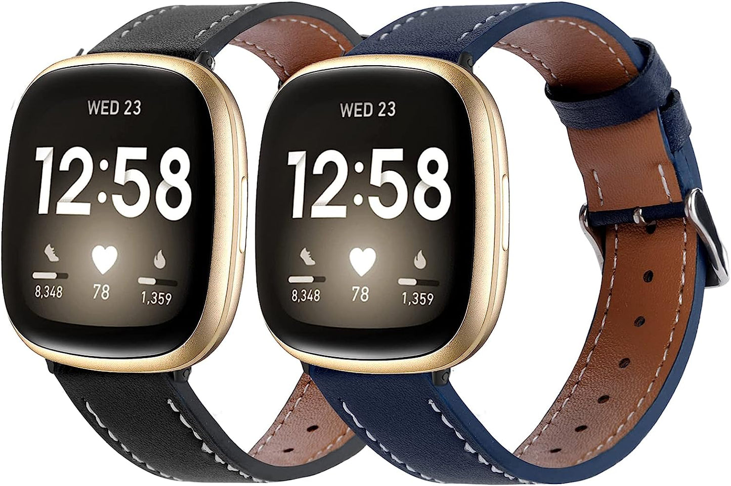 2 Pack Leather Bands Compatible with Fitbit Versa 3 Bands/Fitbit Sense Bands for Women Men, Classic Soft Leather Replacement Wristbands Strap for Fitbit Versa 3 / Fitbit Sense  POHNUI Black & Dark Blue  