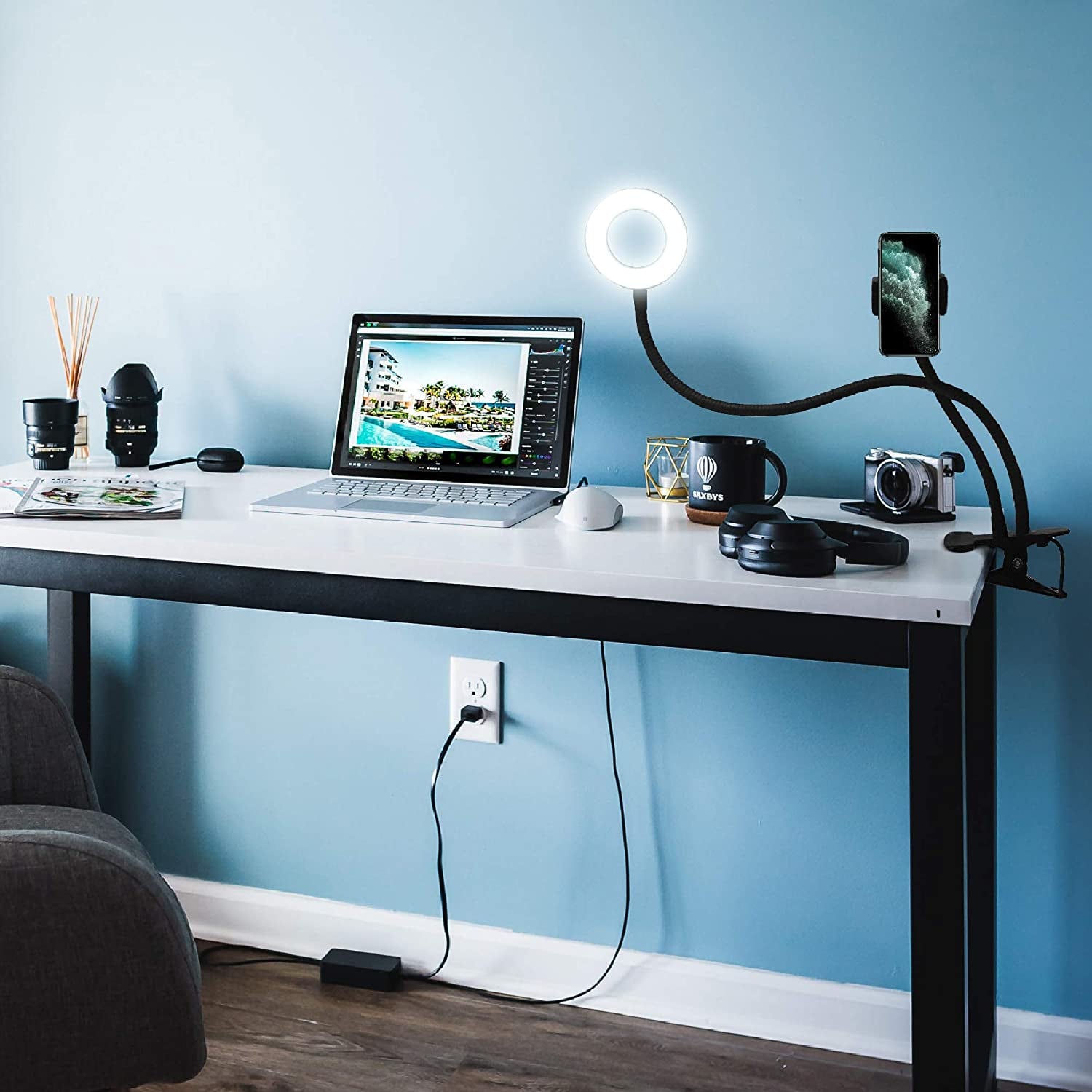 TALK WORKS Selfie Ring Light Cell Phone Holder Compatible W/Iphone 13/13 Pro/13 Pro Max/14/14 Plus/14 Pro/14 Pro Max - Flexible Clip USB LED Stand for Live Streaming W/ 10 Brightness Levels (Black)  MAP 140 (Talkworks)_Private Label (bounty)   