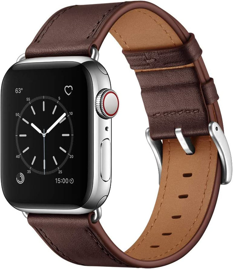 OUHENG Compatible with Apple Watch 49Mm 45Mm 44Mm 42Mm, Genuine Leather Band Replacement Strap Compatible with Apple Watch Ultra Series 8/7/6/5/4/3/2/1/SE2/SE, Black Band with Black Adapter  OUHENG Chocolate Brown/Silver 49mm/45mm/44mm/42mm 