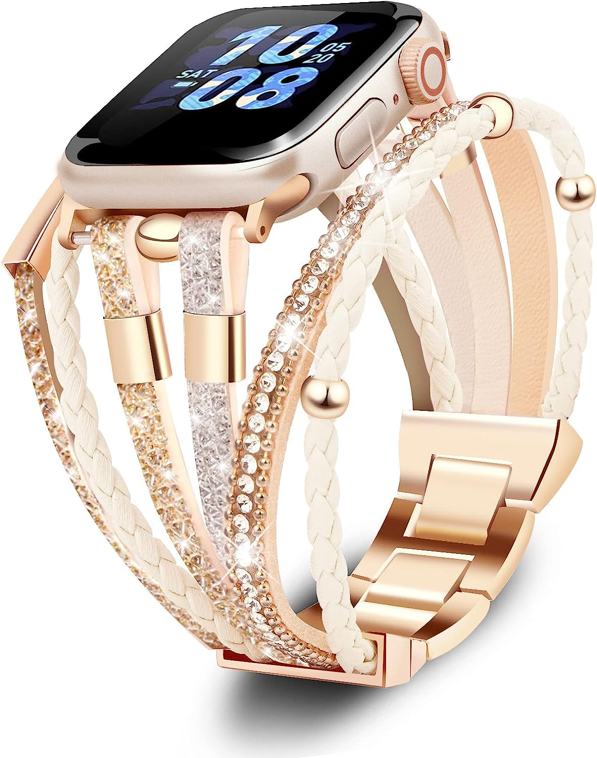 ACEDAX Bracelet Work with Apple Watch Band 44/45Mm, Boho Chic Leather Strap for Apple Watch Ultra Band 49Mm with Silver Metal Buckle,Multilayer Wrap Jewelry for Iwatch Series 8 7 6 SE 5 4 3 Gray Women  ACEDAX Bling Pink 38/40/41mm 