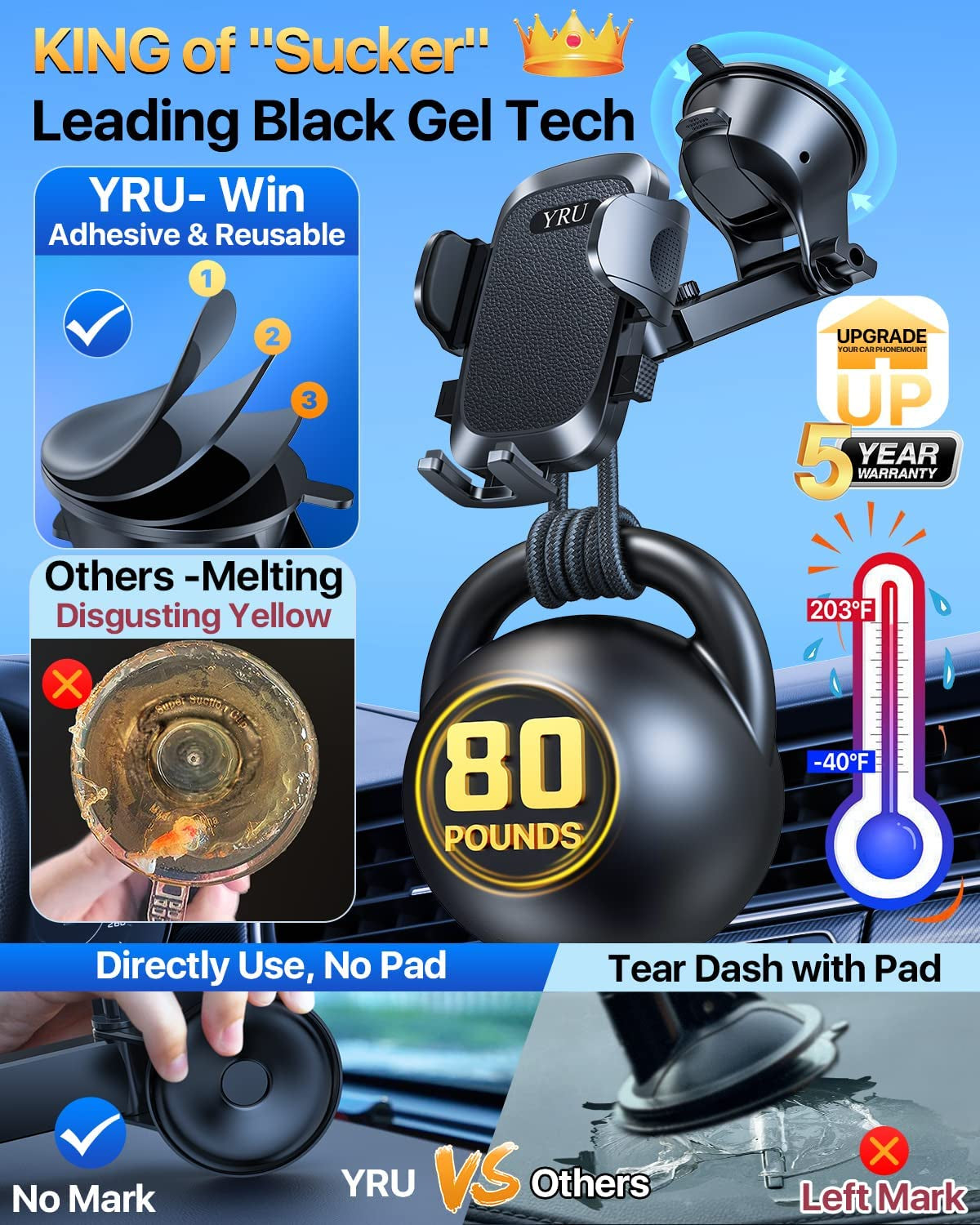 YRU [Upgrade 80LBS Strong Suction Car Phone Holder Mount,[Bumpy Road Stable] Dashboard Cell Phone Holder for Car Air Vent Windshield Phone Stand for Iphone 14 13 12 Pro Max Samsung & Pickup Truck  YRU   