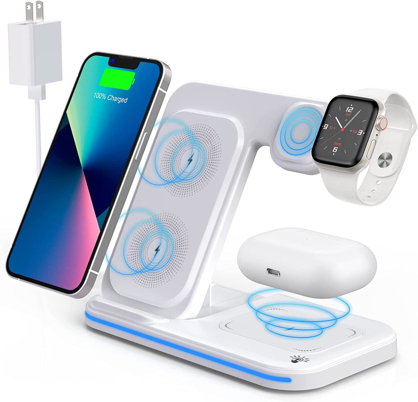 Charger Station for Apple Multiple Devices, 3 in 1 Fast Wireless Charger Stand Dock Foldable for Iphone 14 13 12 11 Pro X XS 8 plus Apple Watch Series 8 7 6 SE 5 4 3 2 & Airpods 3/2/Pro with Adapter  Shenzhen OJD Technology Co.，LTD White  