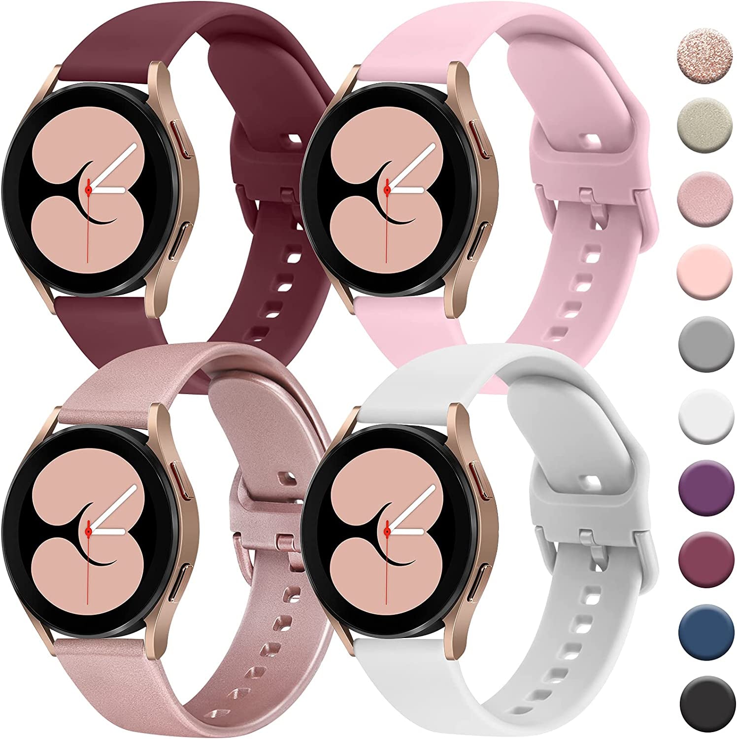 4 PACK Bands Compatible with Samsung Galaxy Watch 4 Band 40Mm 44Mm, Galaxy Watch 4 Classic Band 42Mm 46Mm, Galaxy Watch 5 Bands, Galaxy Watch 5 Pro, 20Mm Adjustable Silicone Sport Strap Replacement Band for Galaxy Watch 4 / 5 Women Men  Wanme WineRed+Pink+White+RoseGold  