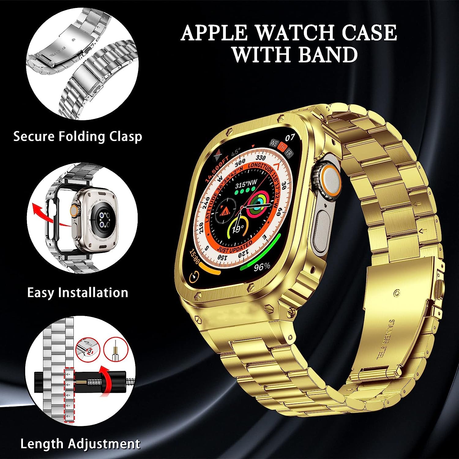 Amznew Stainless Steel Apple Watch Band with Case Compatible with Apple Watch Ultra 49Mm 8/7(45Mm/41Mm) 6/5/4/Se(44Mm/40Mm) 3/2/1(42Mm/38Mm), Iwatch Bands and Protective Cover for Men  Amznew   