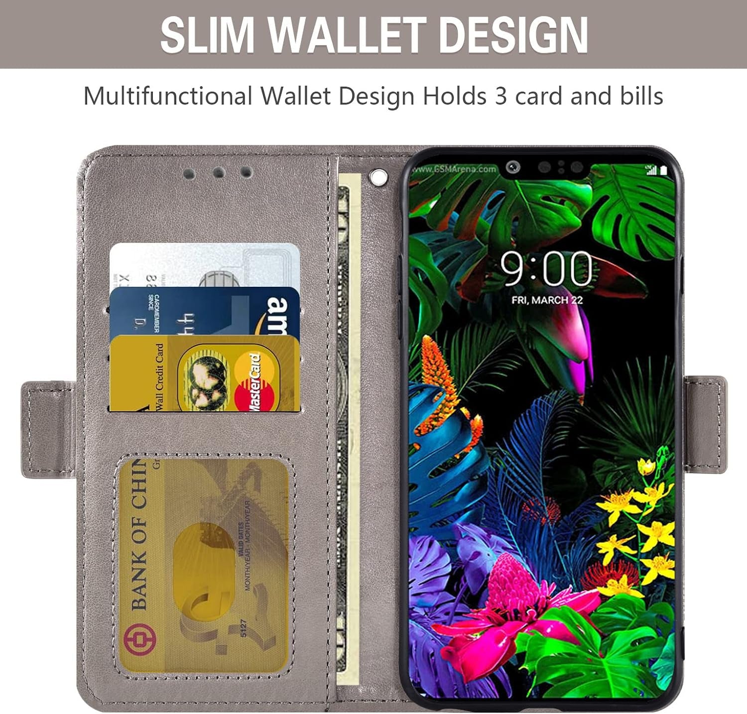 Asuwish Compatible with LG G8 Thinq Wallet Case and Tempered Glass Screen Protector Credit Card Holder Flip Wrist Strap Stand Cell Phone Cover for LGG8 Thin Q G 8 LG8 G8Thinq Lgg8Thinq 8G Women Grey  Asuwish   