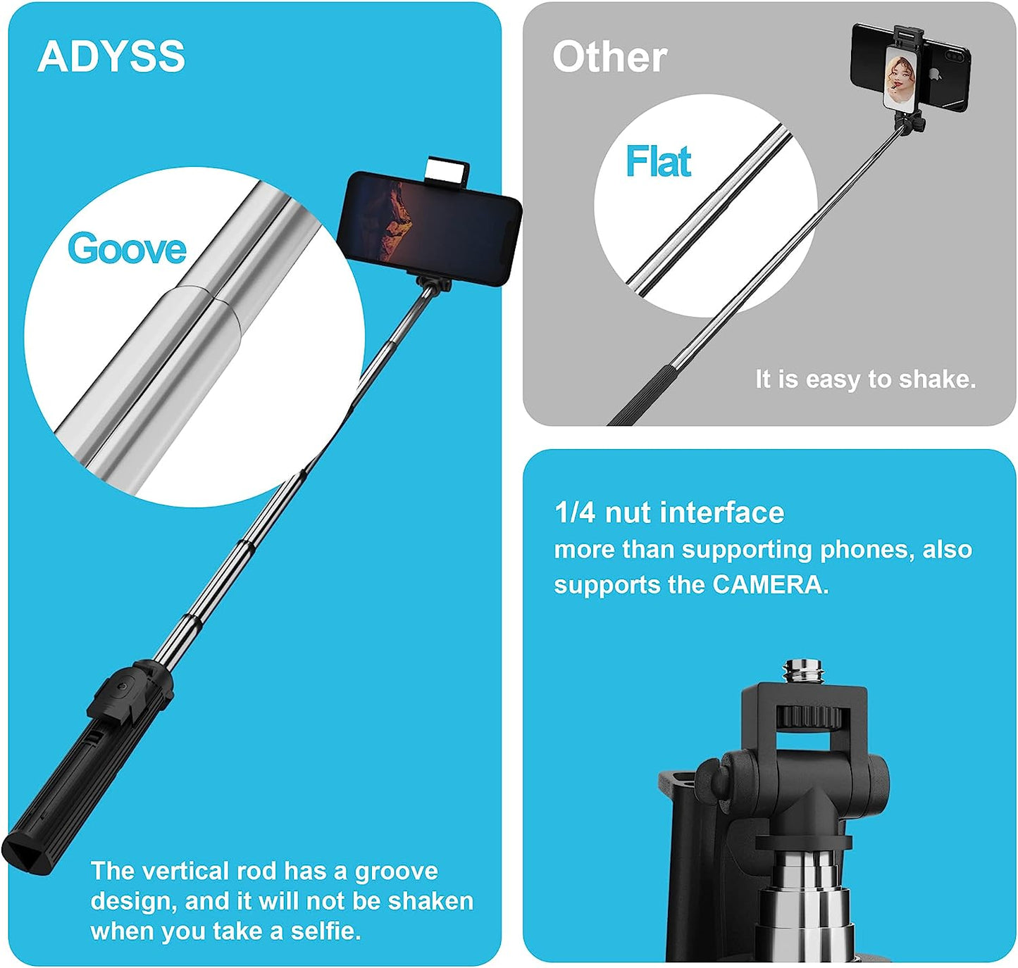 ADYSS Portable Selfie Stick,Ladies Selfie Stick with Tripod,With Fill Light and Wireless Remote, 3 Modes Selfie Stick Mode/Desktop Mode/Ground Mode,Supprot Camera,Selfies/ Vlogging/Live  N\W   