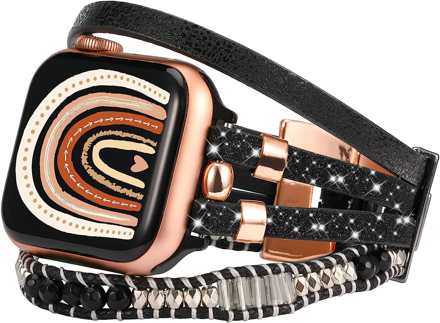 TOYOUTHS Compatible with Apple Watch Band Bracelet Multi-Strand Leather Sparkle Braided Wrap with Beaded Boho Bling Jewelry Dressy 41Mm 40Mm 38Mm Band for Iwatch Series SE 8 7 6 5 4 3 2 1  toyouths Black Rose Gold 41/40/38mm 