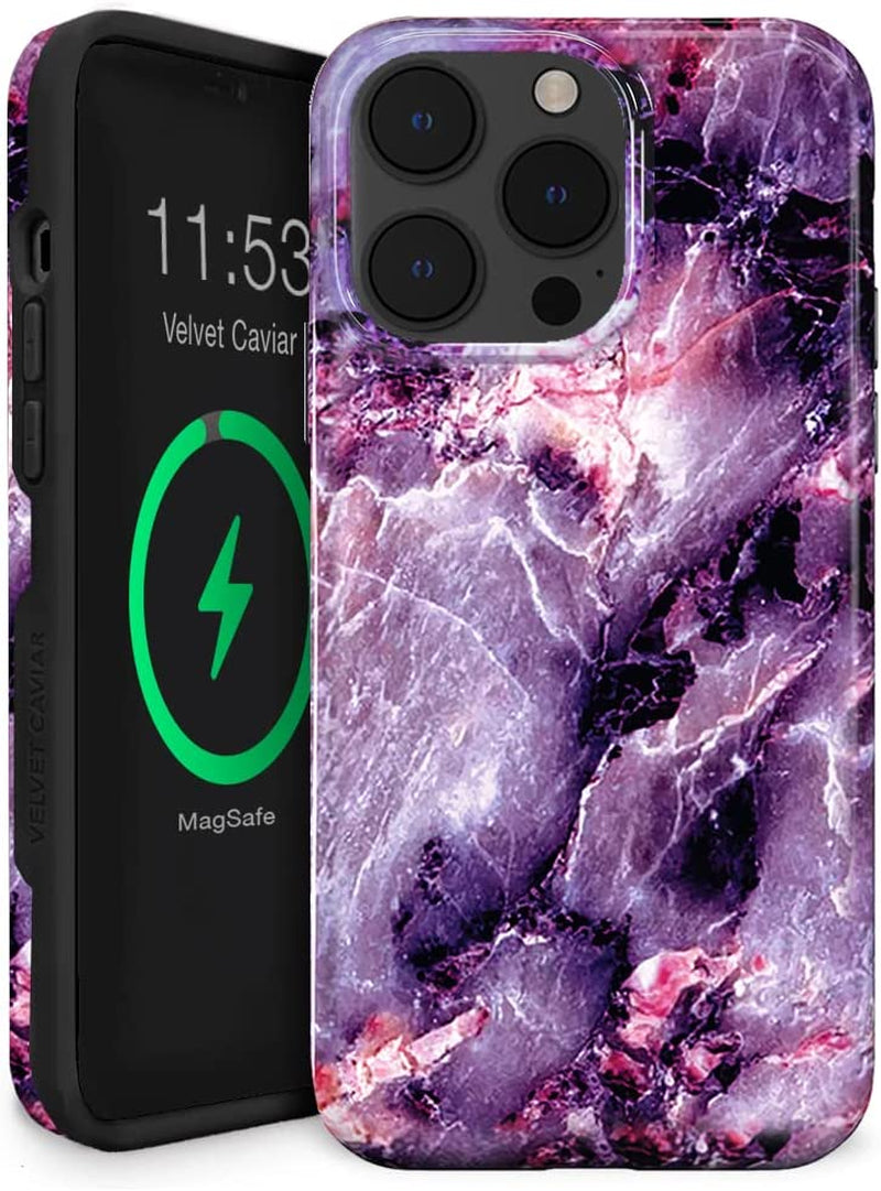 Velvet Caviar Designed for Iphone 14 Case for Women [10Ft Drop Tested] Compatible with Magsafe - Cute Magnetic Phone Cover - Protective Microfiber Lining (Holographic Blue Marble)  Velvet Caviar Purple Marble iPhone 14 Pro Max 