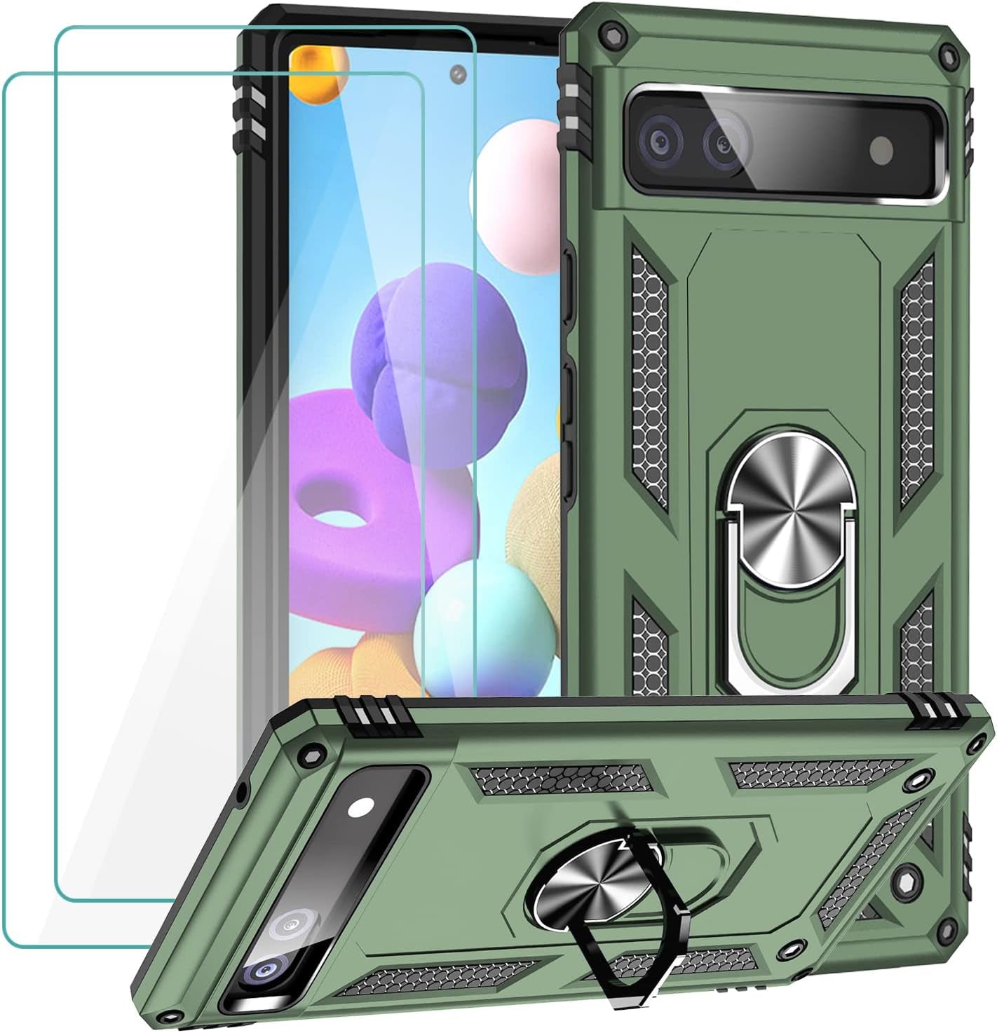 Muntinfe for Google Pixel 6A Case with Tempered Glass Screen Protector [2 Pack], Military-Grade Armor Shockproof Protective Phone Cover with Ring Magnetic Kickstand for Pixel 6A, Black  CAROL Oliver Green  