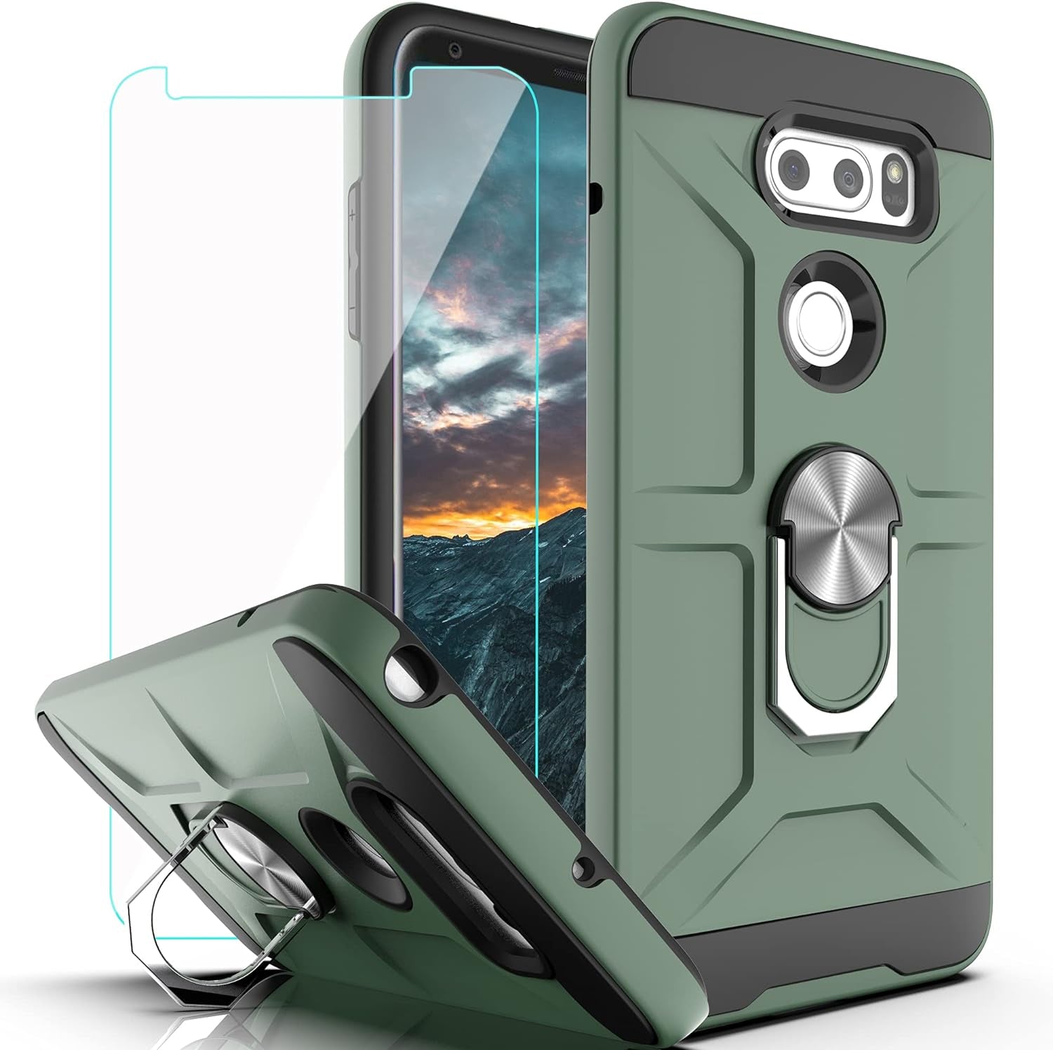 Ymhxcy Case Compatible with LG V35 Thinq/V30/V30 Plus/ V30S Thinq/ V35 Case with HD Screen Protector,360 Degree Rotating Ring Kickstand Holder Dual Layers of Shockproof Case for V30-ZS (Zs-Red)  YmhxcY Zs-Dark Green  