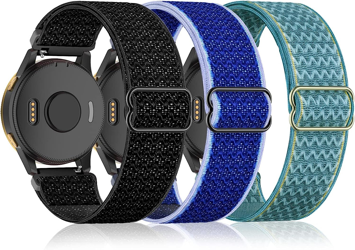 3 Pack Stretchy Nylon Watch Bands Compatible with Garmin Vivoactive 4,Venu 2,Forerunner 255/255 Music,22Mm Loop Elastic Straps for Amazfit GTR 4,GTR 3,GTR 2,Ticwatch Pro 3,Fossil Gen 5 for Women Men.  Bolesi Midnight blue/Pine green/Black  