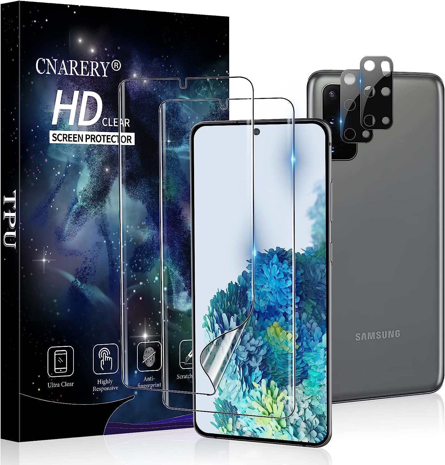 Cnarery [2+2 Pack] TPU Screen Protector for Samsung Galaxy S20, 2 Pack Flexible TPU Screen Protector with 2 Pack Camera Lens Protector, 3D Curved Full Coverage Bubble Free  Cnarery Samsung Galaxy S20 Plus  