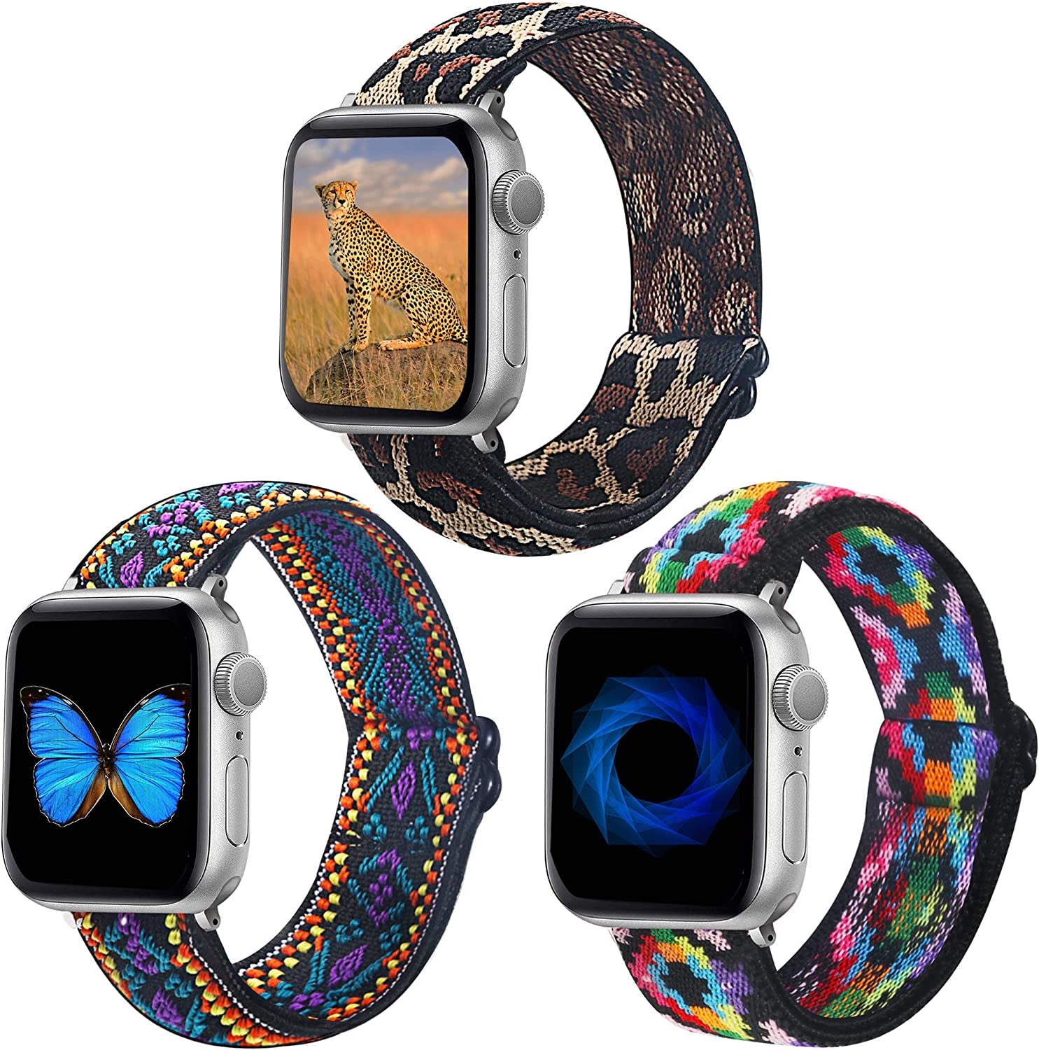 Dsytom 3 Pack Elastic Band Compatible with Apple Watch Bands 38Mm 41Mm 40Mm 42Mm 44Mm 45Mm, Adjustable Stretchy Nylon Bands for Iwatch Series Ultra 8/7/6/5/4/3/2/1 SE Strap for Women  Dsytom Leopard+Fashion color+Boho Colorful 42mm/44mm/45mm/49mm 