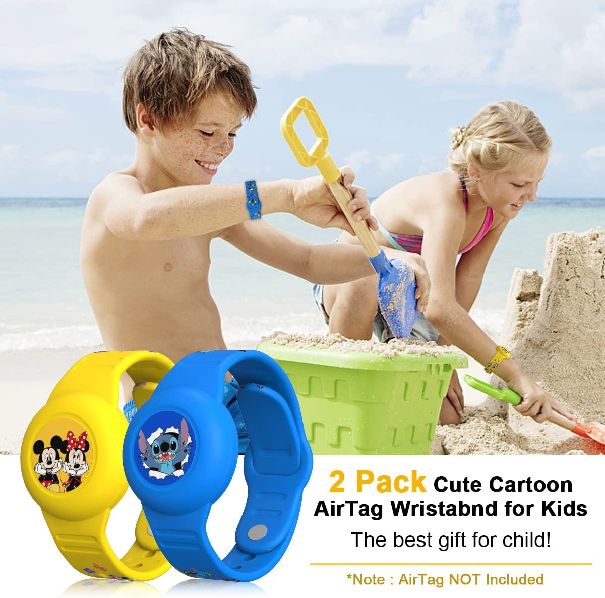 [2Pack] Airtag Kids Bracelet, Cartoon Wristband Adjustable Hidden Watch Band Air Tag Holder for Apple Air Tag, Cute Soft Silicone Anti-Lost Waterproof Case (Blue+Yellow)  ZOICIP   
