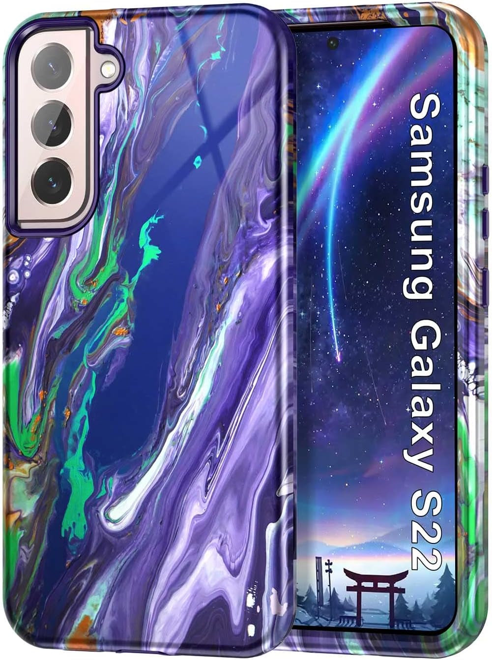 Btscase for Samsung Galaxy S22 5G Case,Marble Pattern 3 in 1 Heavy Duty Shockproof Full Body Rugged Hard Pc+Soft Silicone Drop Protective Women Girl Cover for Samsung Galaxy S22,Dreamland River/Purple  Btscase   