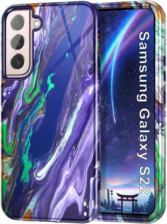 Btscase for Samsung Galaxy S22 5G Case,Marble Pattern 3 in 1 Heavy Duty Shockproof Full Body Rugged Hard Pc+Soft Silicone Drop Protective Women Girl Cover for Samsung Galaxy S22,Dreamland River/Purple  Btscase   