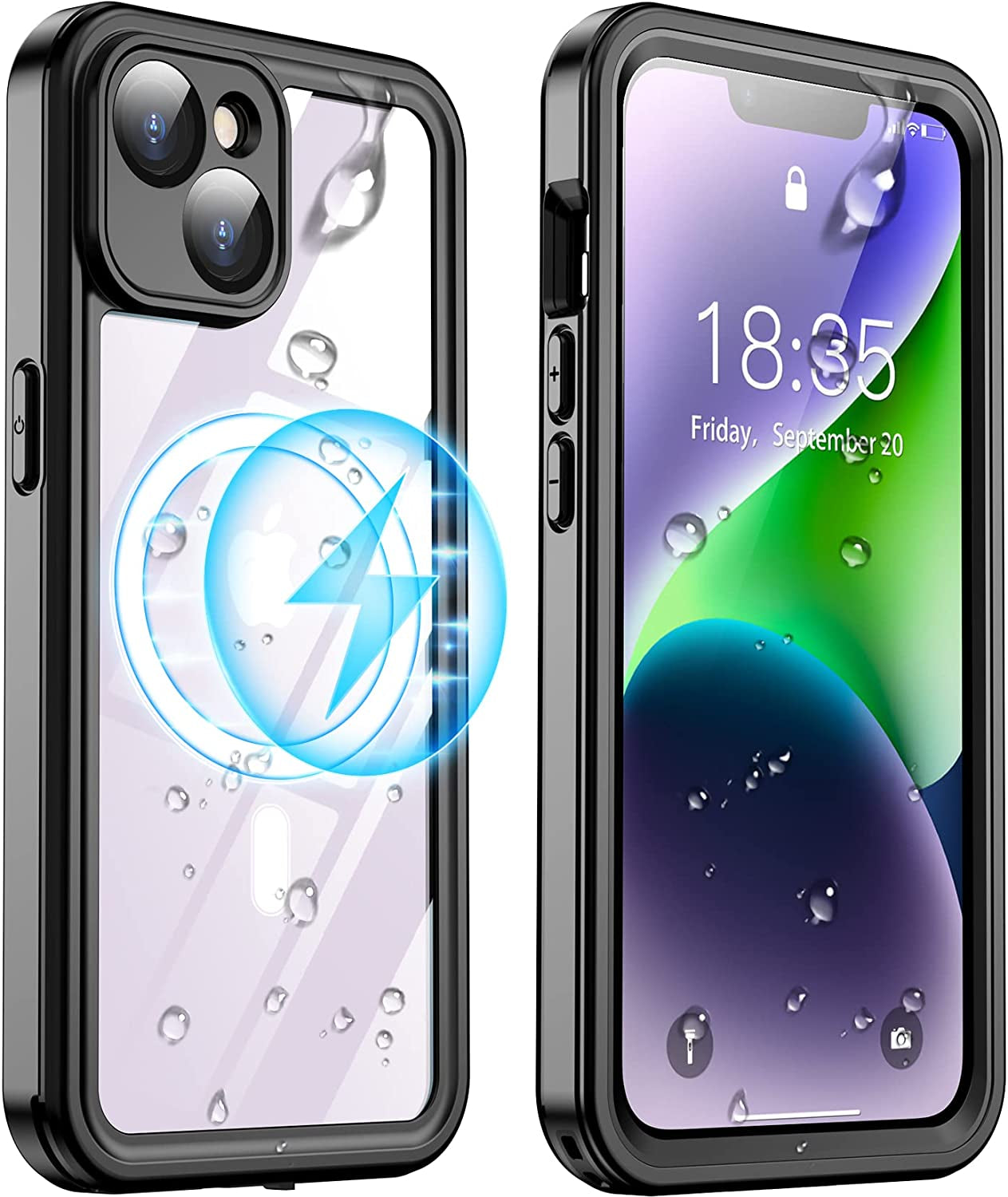 Temdan for Iphone 14 plus Case Waterproof,Built-In 9H Tempered Glass Screen Protector [Real 360][IP68 Underwater][14Ft Military Dropproof][Dustproof][Compatible with Magsafe] - Black/Clear  Temdan   