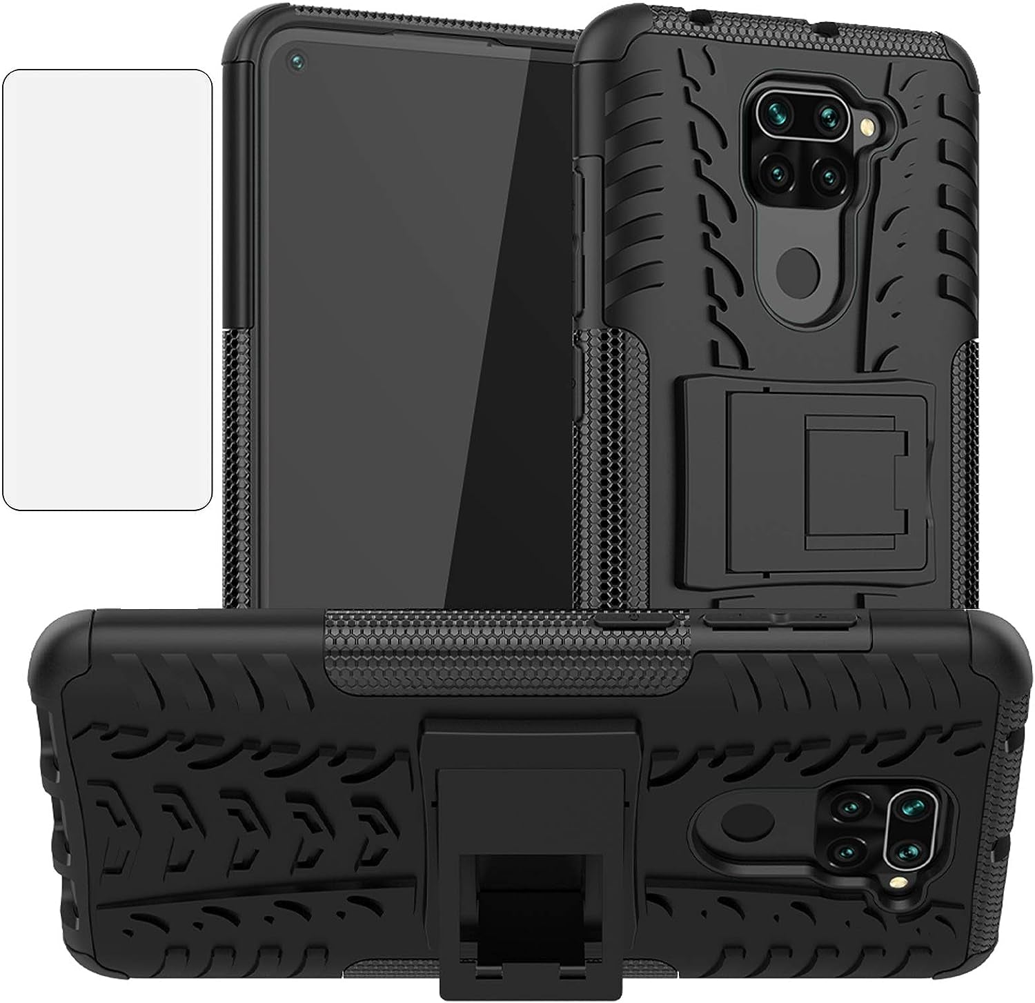 Phone Case for Xiaomi Redmi Note 9 with Tempered Glass Screen Protector Cover and Stand Kickstand Hard Rugged Hybrid Protective Cell Accessories Xiami Xiomis Xiome Redme Note9 4G Cases Men Black Blue  Asuwish Black For Redmi Note 9 4G 