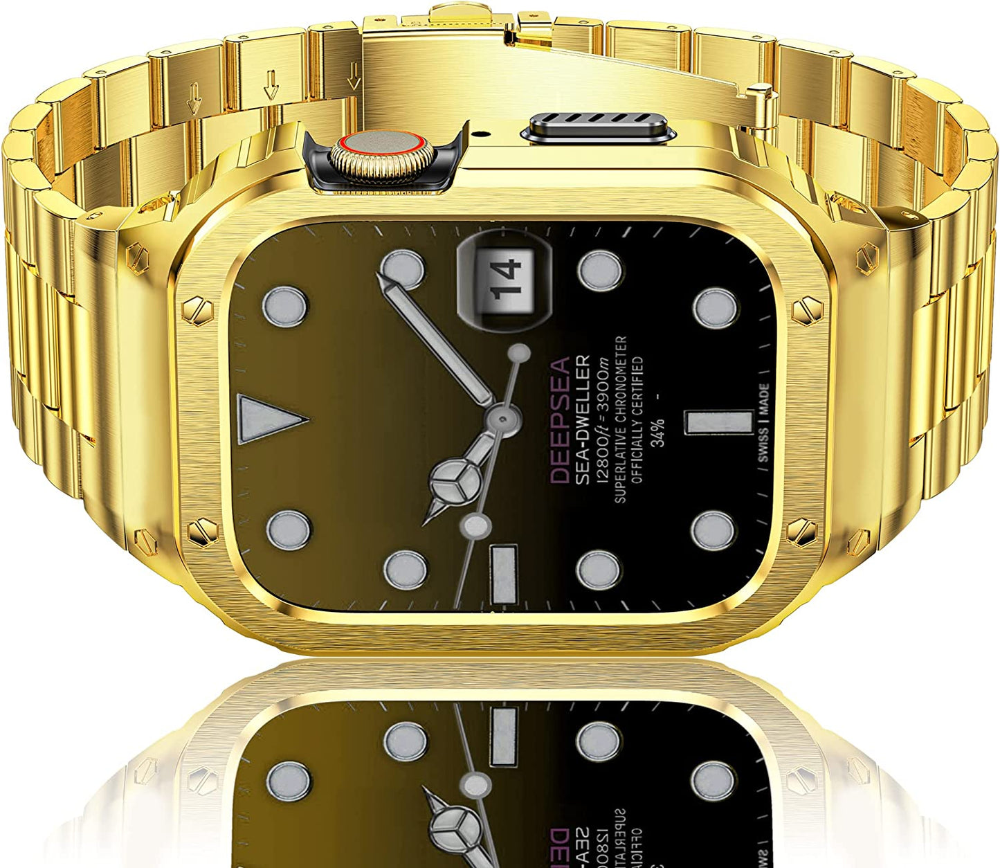 Amznew Stainless Steel Apple Watch Band with Case Compatible with Apple Watch Ultra 49Mm 8/7(45Mm/41Mm) 6/5/4/Se(44Mm/40Mm) 3/2/1(42Mm/38Mm), Iwatch Bands and Protective Cover for Men  Amznew Gold 45mm 