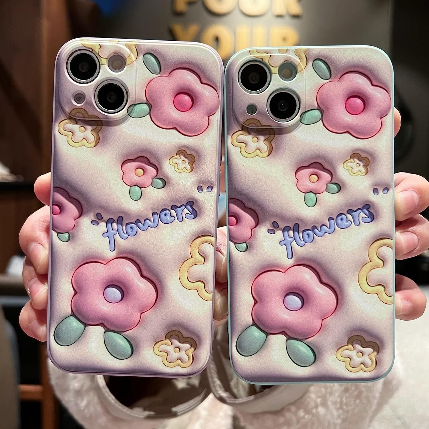 GUSDBSW Cute Iphone 14 plus Case for Women Girls, Lovely Floral Strawberry Pattern Wave Comfortable Grip Design for Girly, Slim Thin Soft Flexible TPU Clear Protective Phone Case - Blueberry Flower  GUSDBSW 3D Purple Matte Flower Iphone 12 